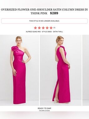 ALFRED SUNG One-Shoulder Satin Column Dress in Fuchsia with Floral Shoulder